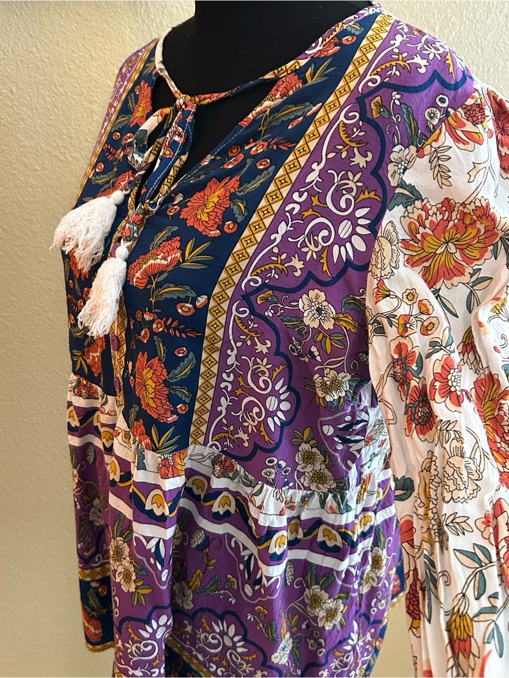 Boho Floral Tie-Front Long Sleeve Top in Purple & Navy - Picture 5 of 5